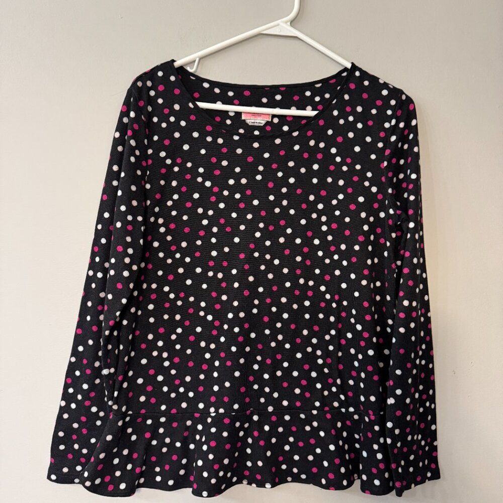 Kate Spade Black Pink Polka Dot Wide Peplum Flowy Comfy Sweater Small